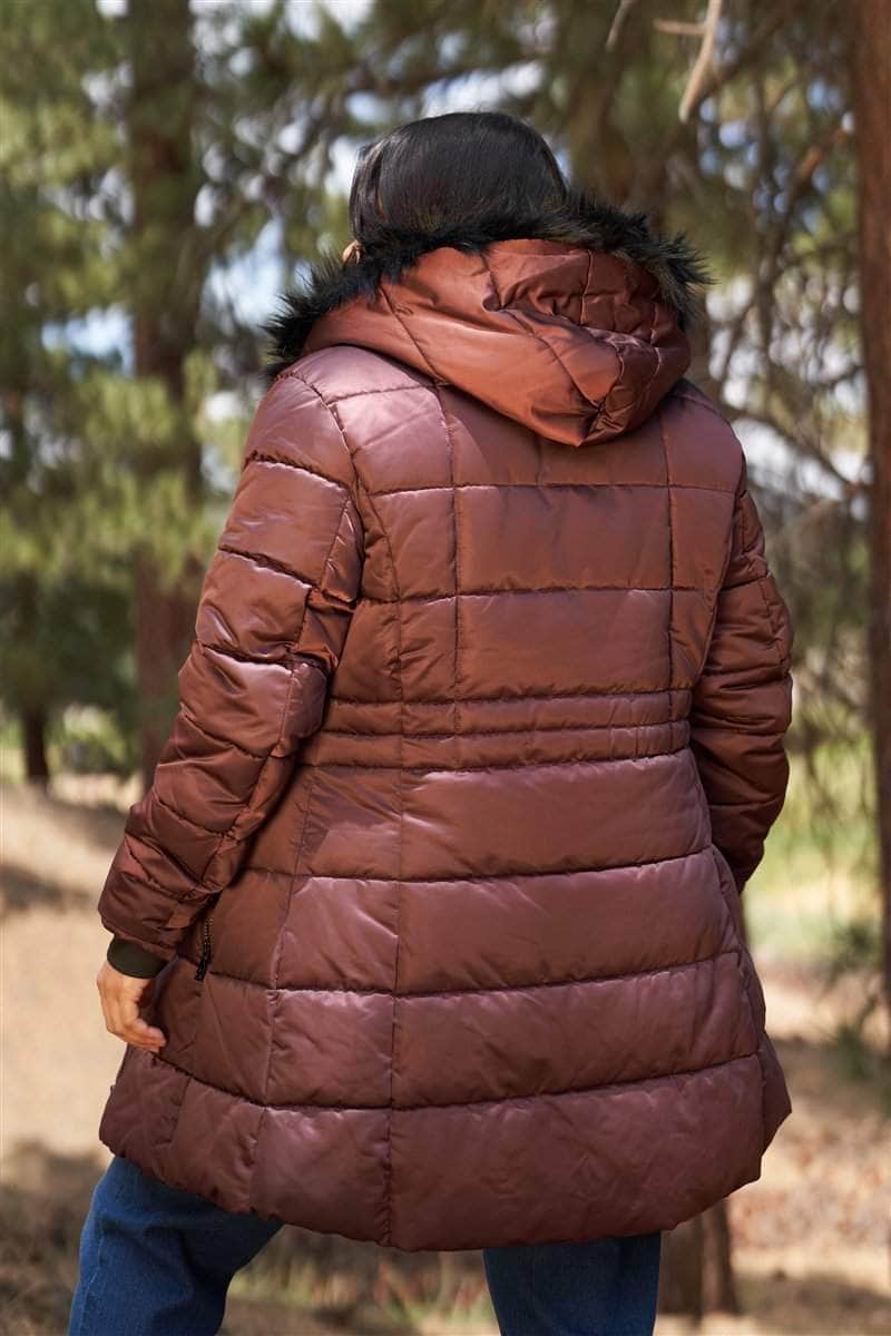 Plus Glossy Long Fitted Vegan Fur Hood Detail Winter Puffer Jacket-TOPS / DRESSES-[Adult]-[Female]-Blue Zone Planet