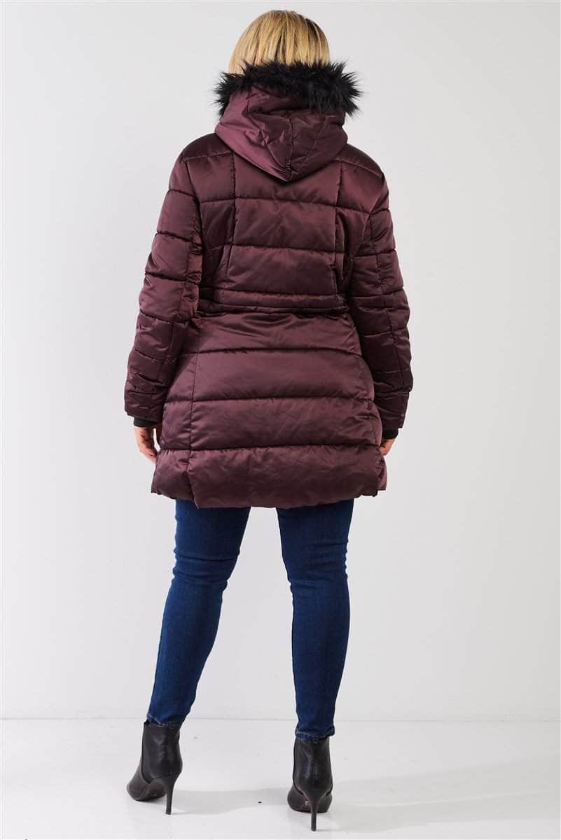 Plus Glossy Long Fitted Vegan Fur Hood Detail Winter Puffer Jacket-TOPS / DRESSES-[Adult]-[Female]-Blue Zone Planet