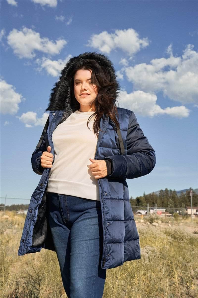 Plus Glossy Long Fitted Vegan Fur Hood Detail Winter Puffer Jacket-TOPS / DRESSES-[Adult]-[Female]-Navy-XL-Blue Zone Planet