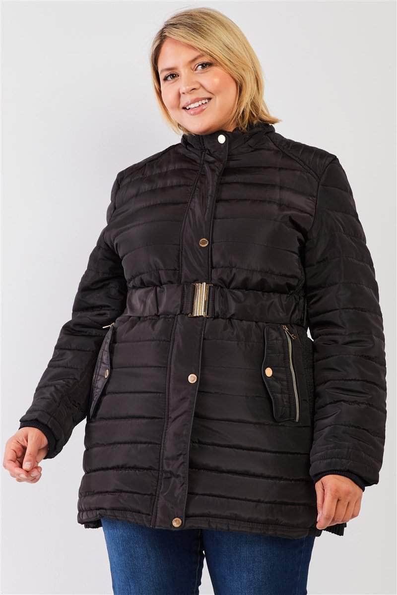 Plus Parallel Quilt Faux Fur Hood Belted Padded Long Puffer Jacket-TOPS / DRESSES-[Adult]-[Female]-Blue Zone Planet