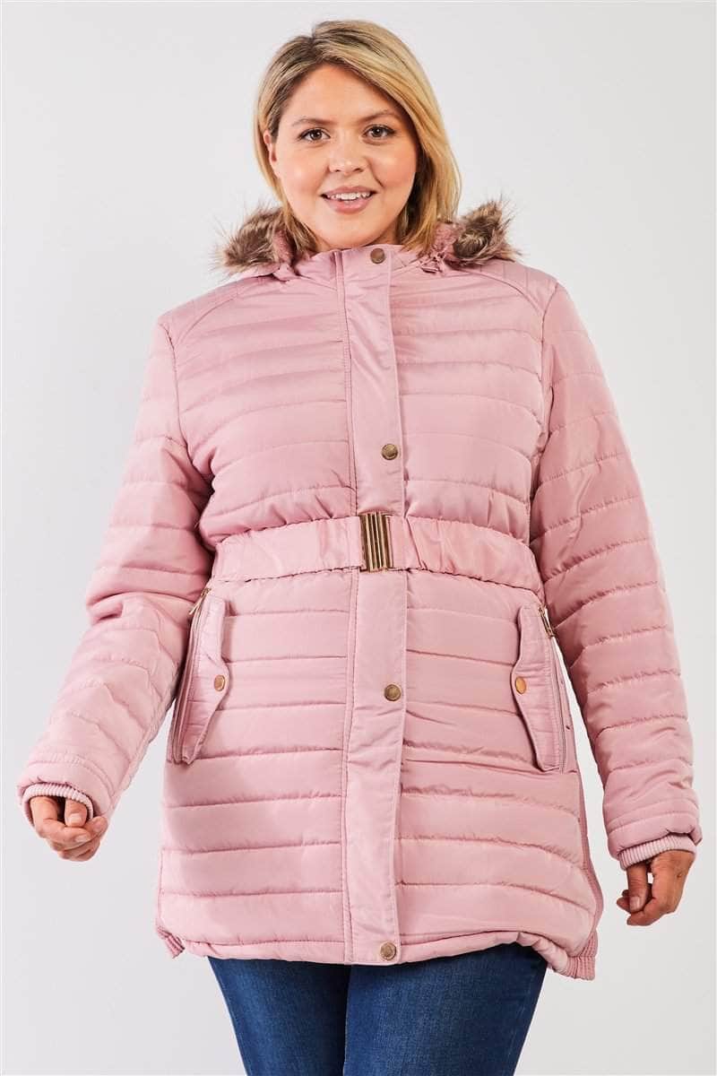 Plus Parallel Quilt Faux Fur Hood Belted Padded Long Puffer Jacket-TOPS / DRESSES-[Adult]-[Female]-Blue Zone Planet