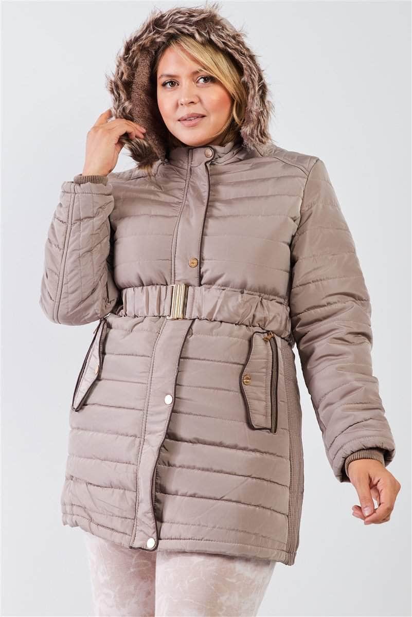 Plus Parallel Quilt Faux Fur Hood Belted Padded Long Puffer Jacket-TOPS / DRESSES-[Adult]-[Female]-Beige-Grey-XL-Blue Zone Planet