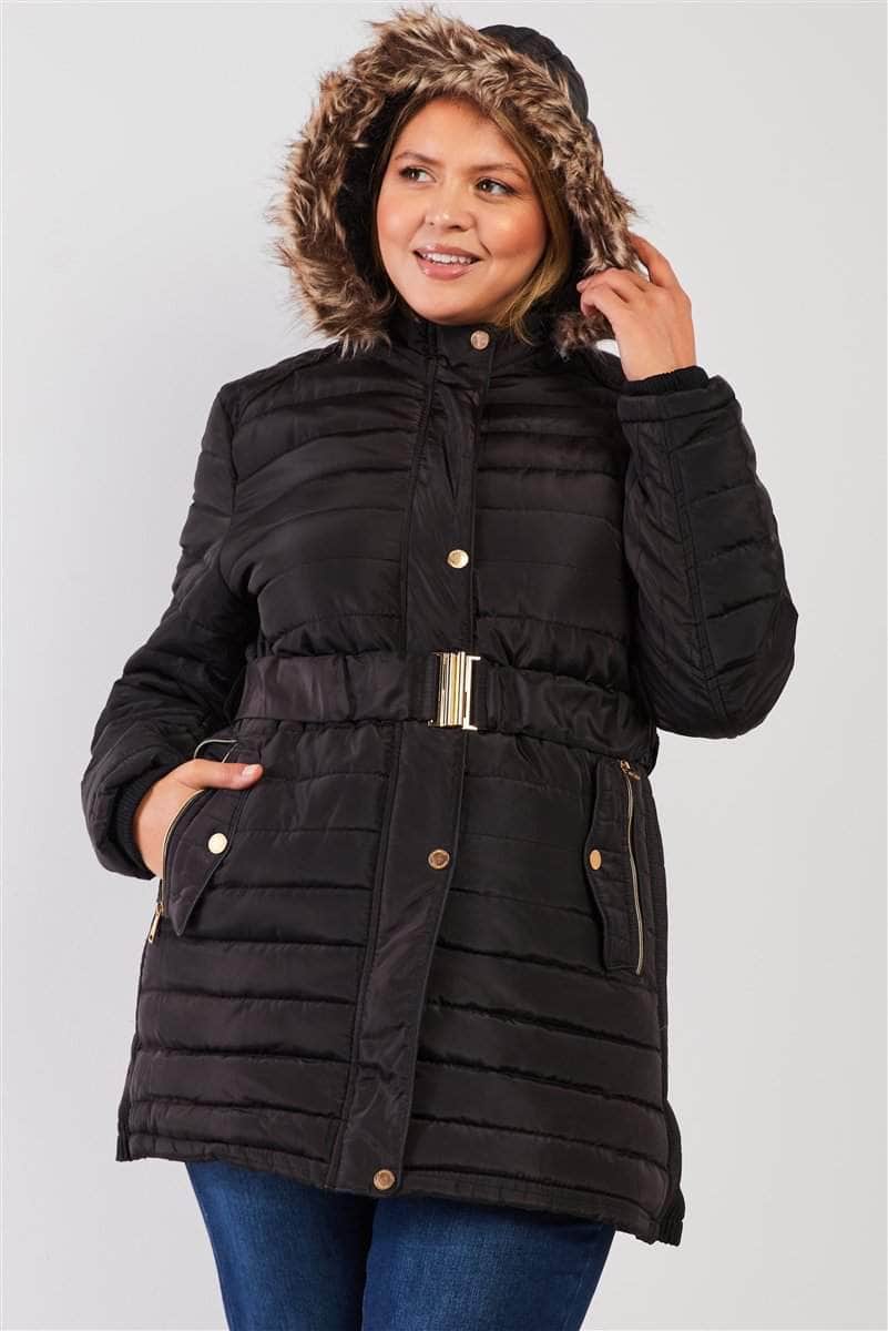 Plus Parallel Quilt Faux Fur Hood Belted Padded Long Puffer Jacket-TOPS / DRESSES-[Adult]-[Female]-Black-XL-Blue Zone Planet