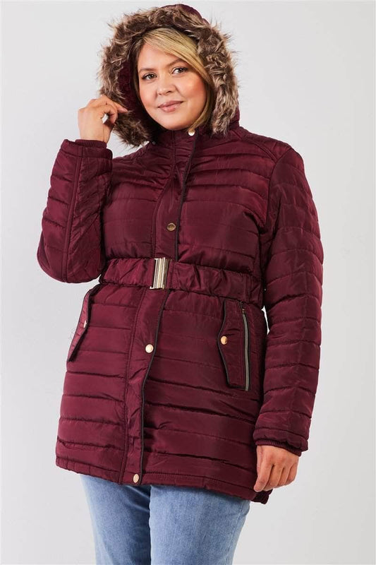 Plus Parallel Quilt Faux Fur Hood Belted Padded Long Puffer Jacket-TOPS / DRESSES-[Adult]-[Female]-Wine-XL-Blue Zone Planet