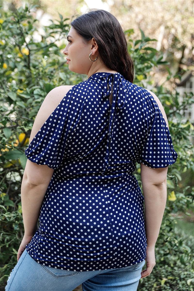 Plus Polka Dot Cold Shoulder Short Sleeve Back Self-tie Top Blue Zone Planet