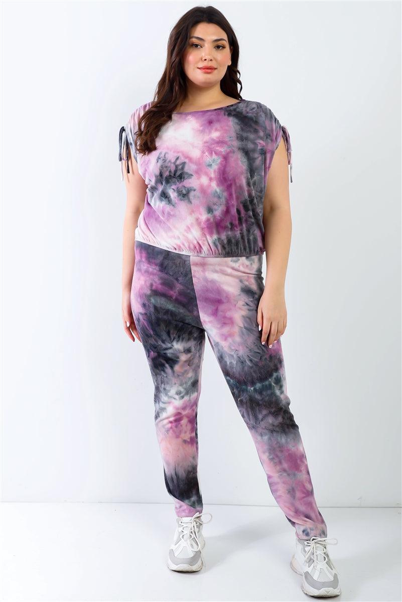Plus Purple & Black Tie-dye Ruched Shoulder Detail Top & Pants Set-[Adult]-[Female]-Blue Zone Planet