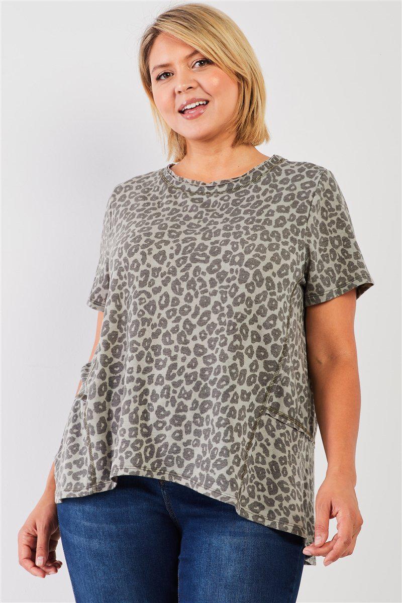 Plus Sage Washed Effect Leopard Print Short Sleeve Round Neck Raw Hem & Exposed Stitching Trim Relaxed Top-[Adult]-[Female]-Blue Zone Planet