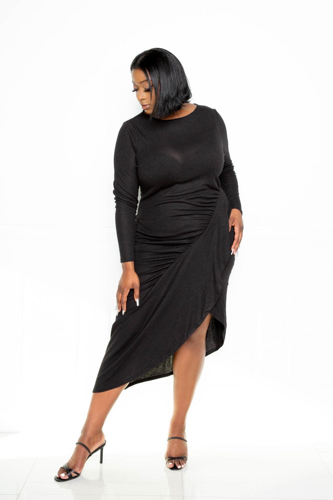 Plus Size Asymmetrical Sweater Dress With Waterfall Ruffle-TOPS / DRESSES-[Adult]-[Female]-Black-1XL-Blue Zone Planet