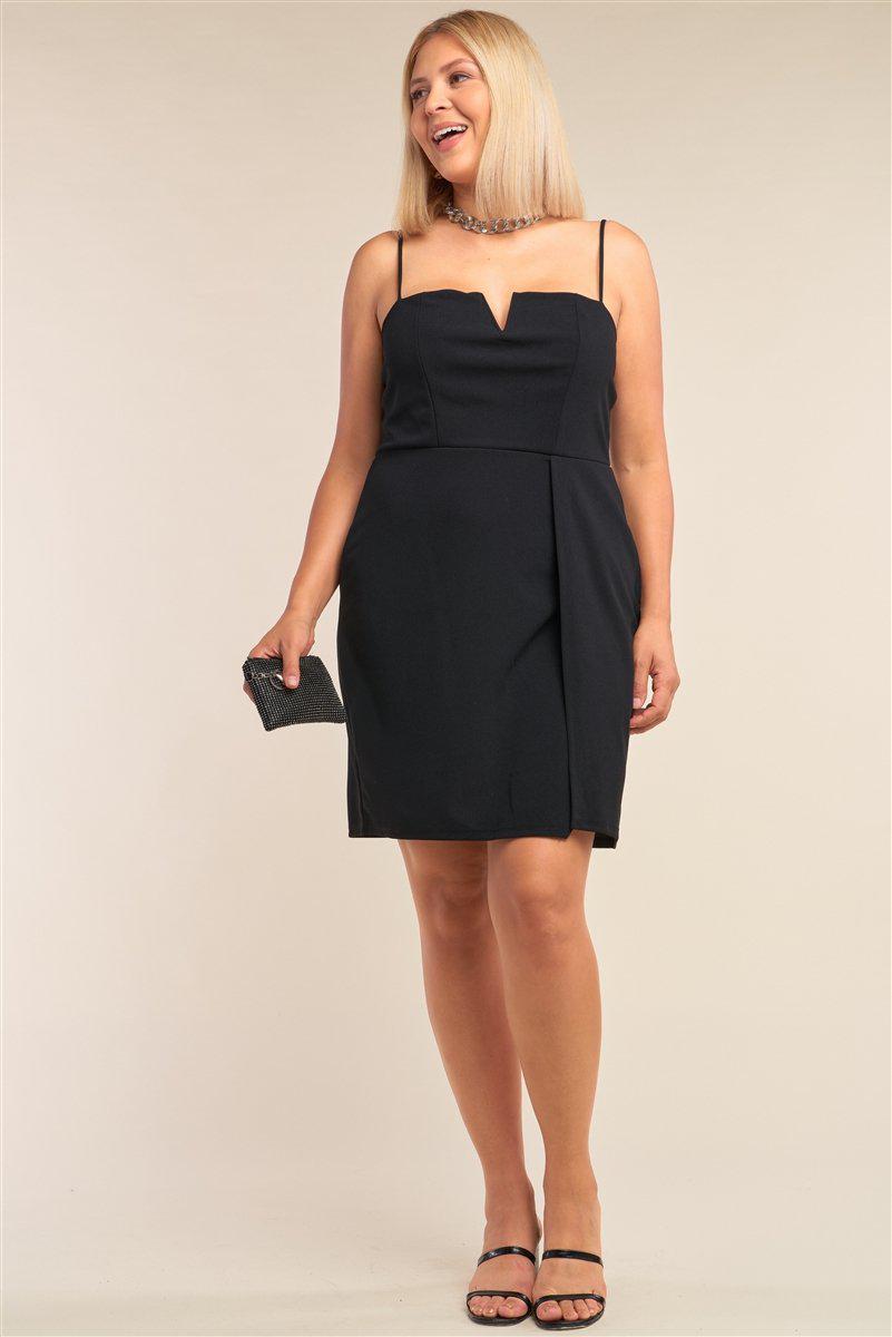 Plus Size Black Sleeveless V-shaped Front Detail Side Slit Tight Fit Mini Dress-TOPS / DRESSES-[Adult]-[Female]-1XL-Black-Blue Zone Planet