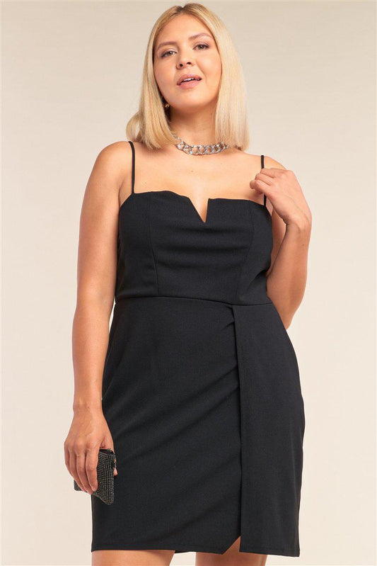 Plus Size Black Sleeveless V-shaped Front Detail Side Slit Tight Fit Mini Dress-TOPS / DRESSES-[Adult]-[Female]-Blue Zone Planet
