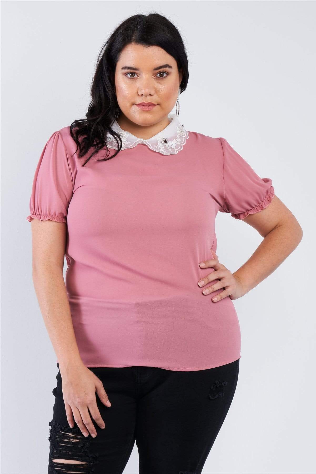 Plus Size Chiffon Embellished Peter Pan Collar Top-TOPS / DRESSES-[Adult]-[Female]-Blue Zone Planet