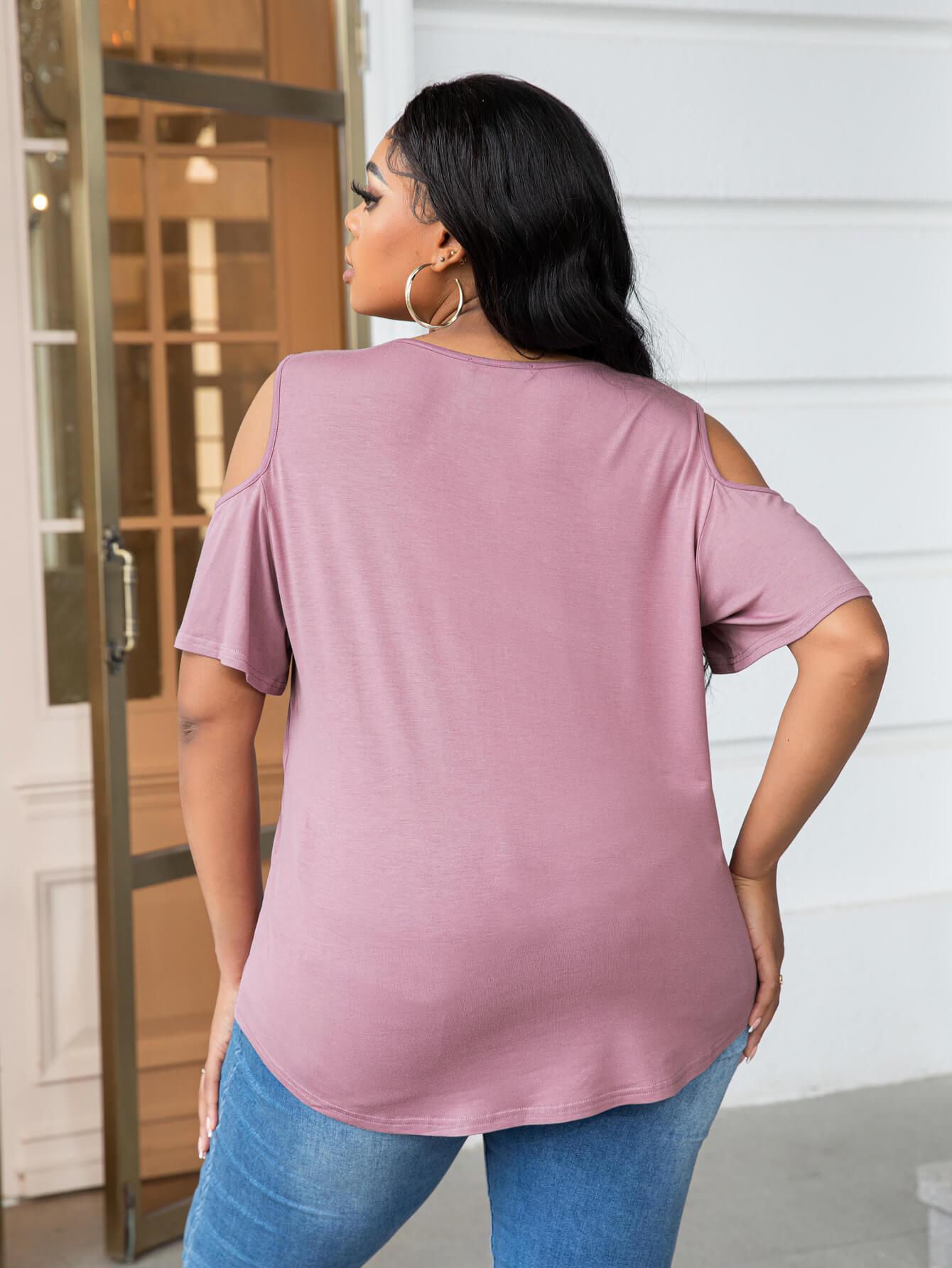 Plus Size Cold-Shoulder Round Neck Curved Hem Tee BLUE ZONE PLANET