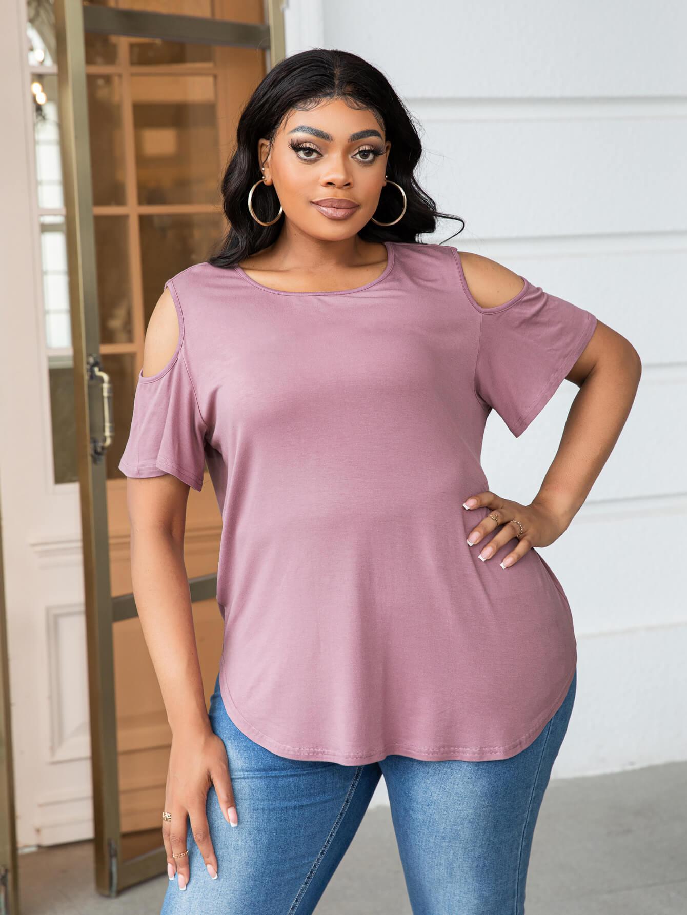 Plus Size Cold-Shoulder Round Neck Curved Hem Tee BLUE ZONE PLANET