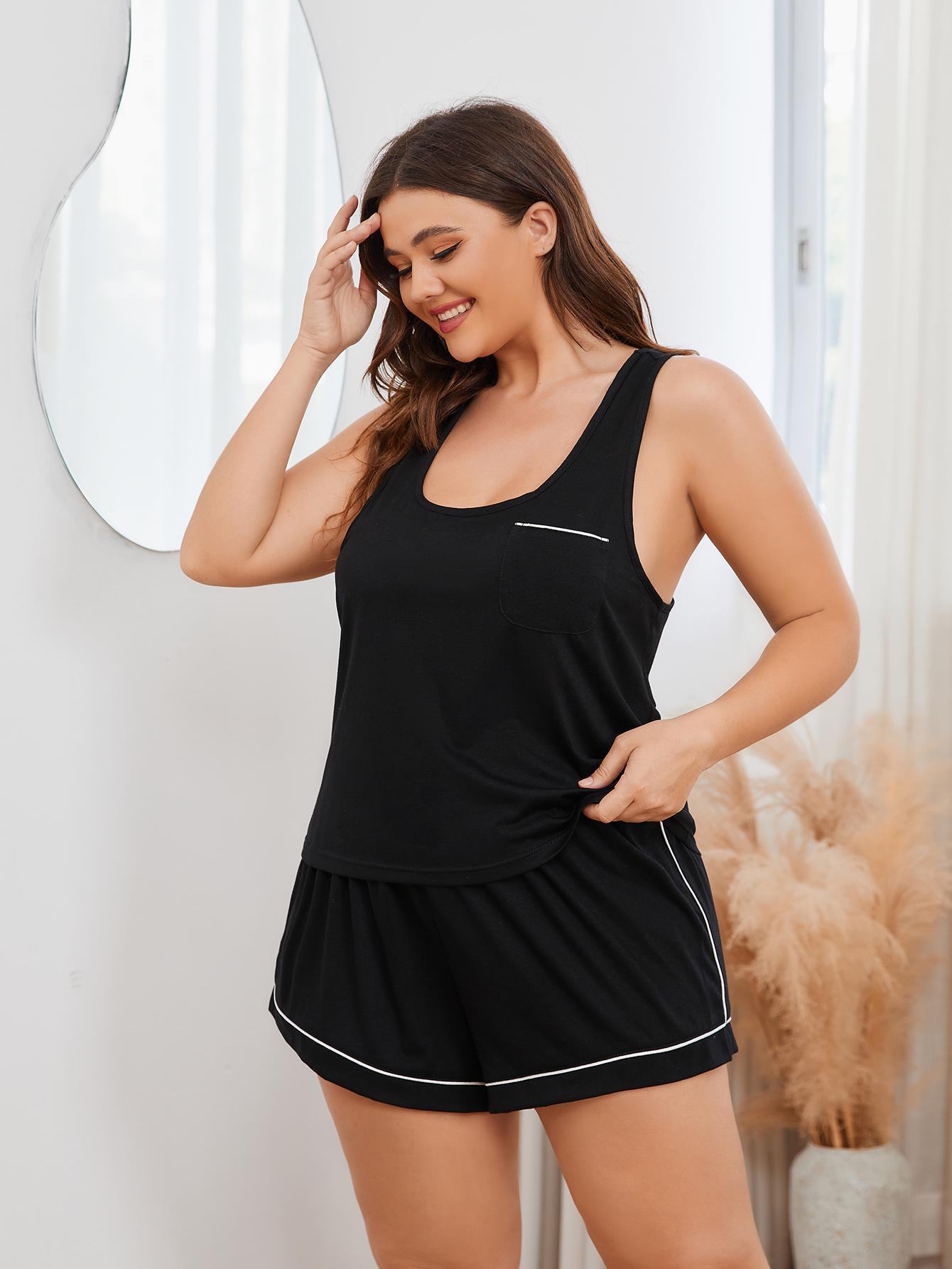 Plus Size Contrast Piping Racerback Tank and Shorts Lounge Set-TOPS / DRESSES-[Adult]-[Female]-2022 Online Blue Zone Planet