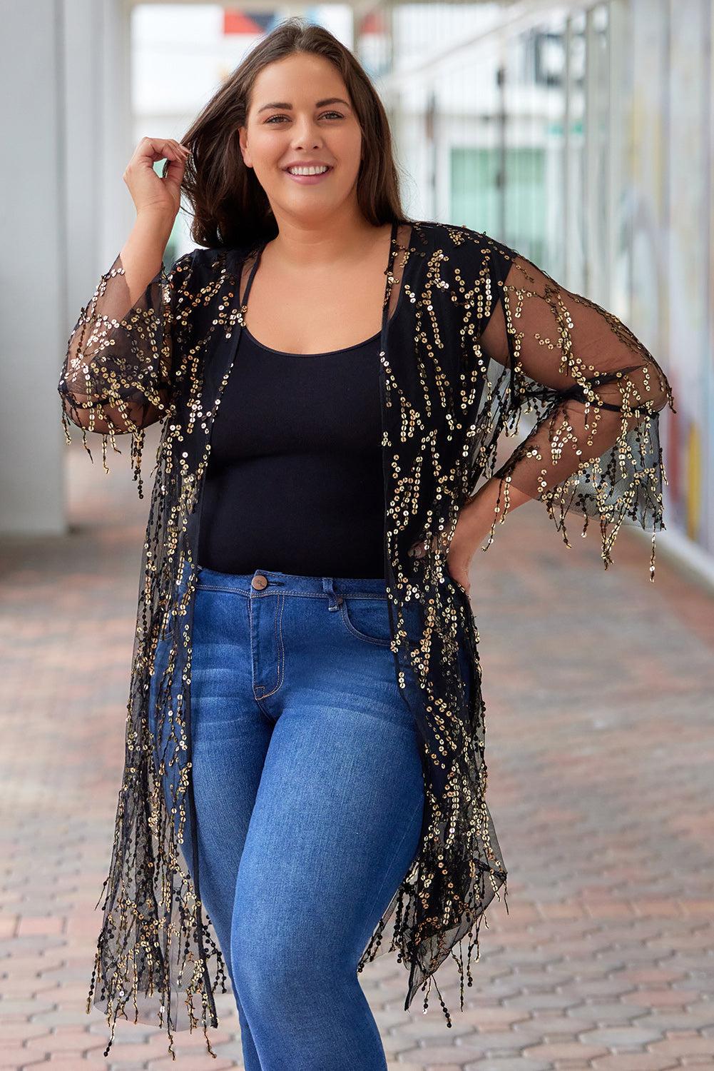 Zone Planet | Plus Size Contrast Sequin Sheer Mesh Cardigan