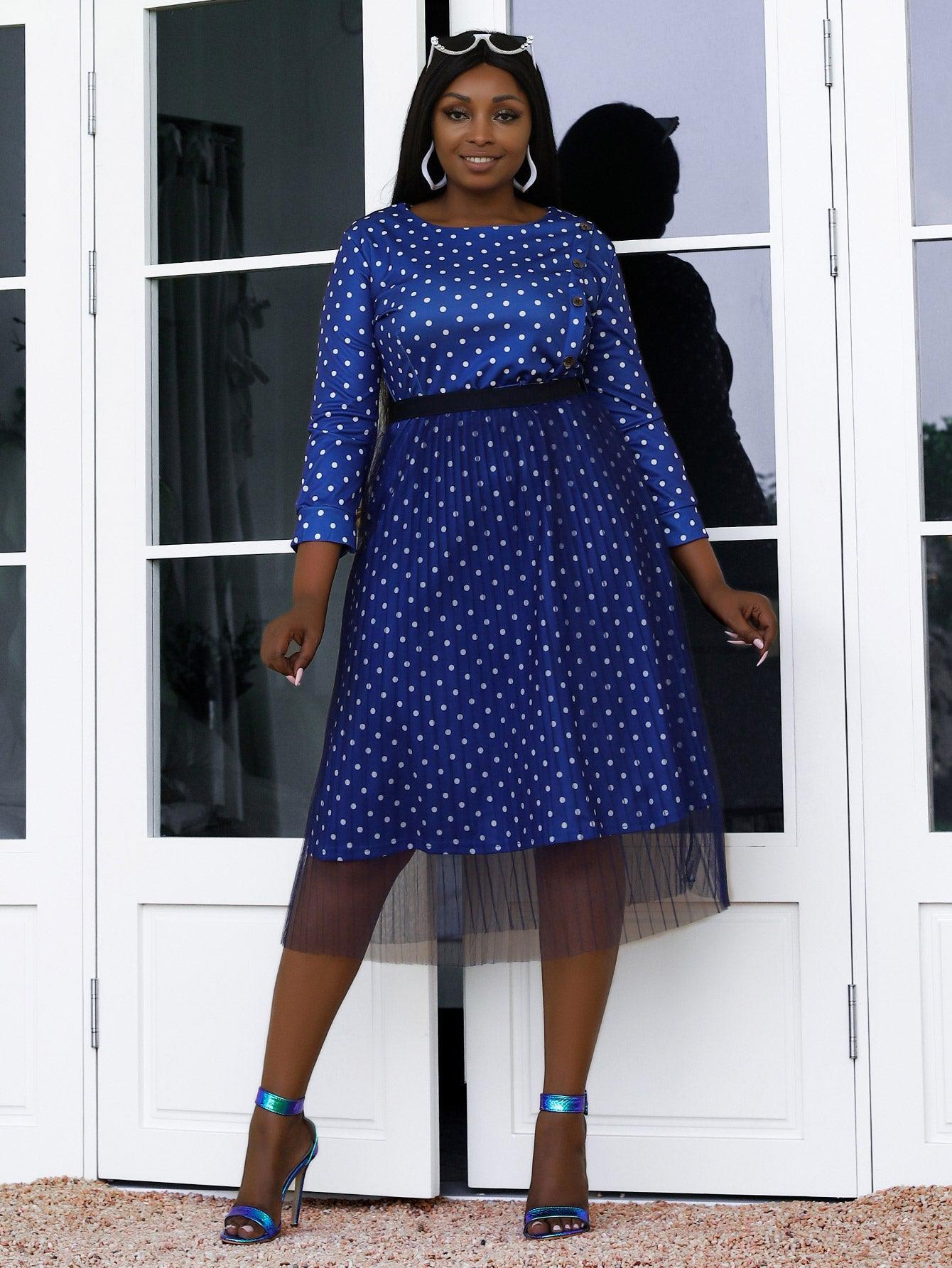 Plus Size Decorative Button Polka Dot Dress and Tulle Skirt Set BLUE ZONE PLANET