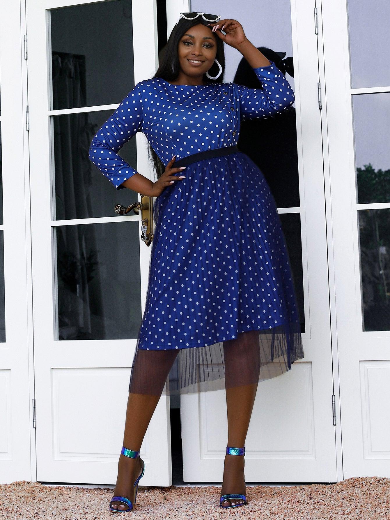 Plus Size Decorative Button Polka Dot Dress and Tulle Skirt Set BLUE ZONE PLANET