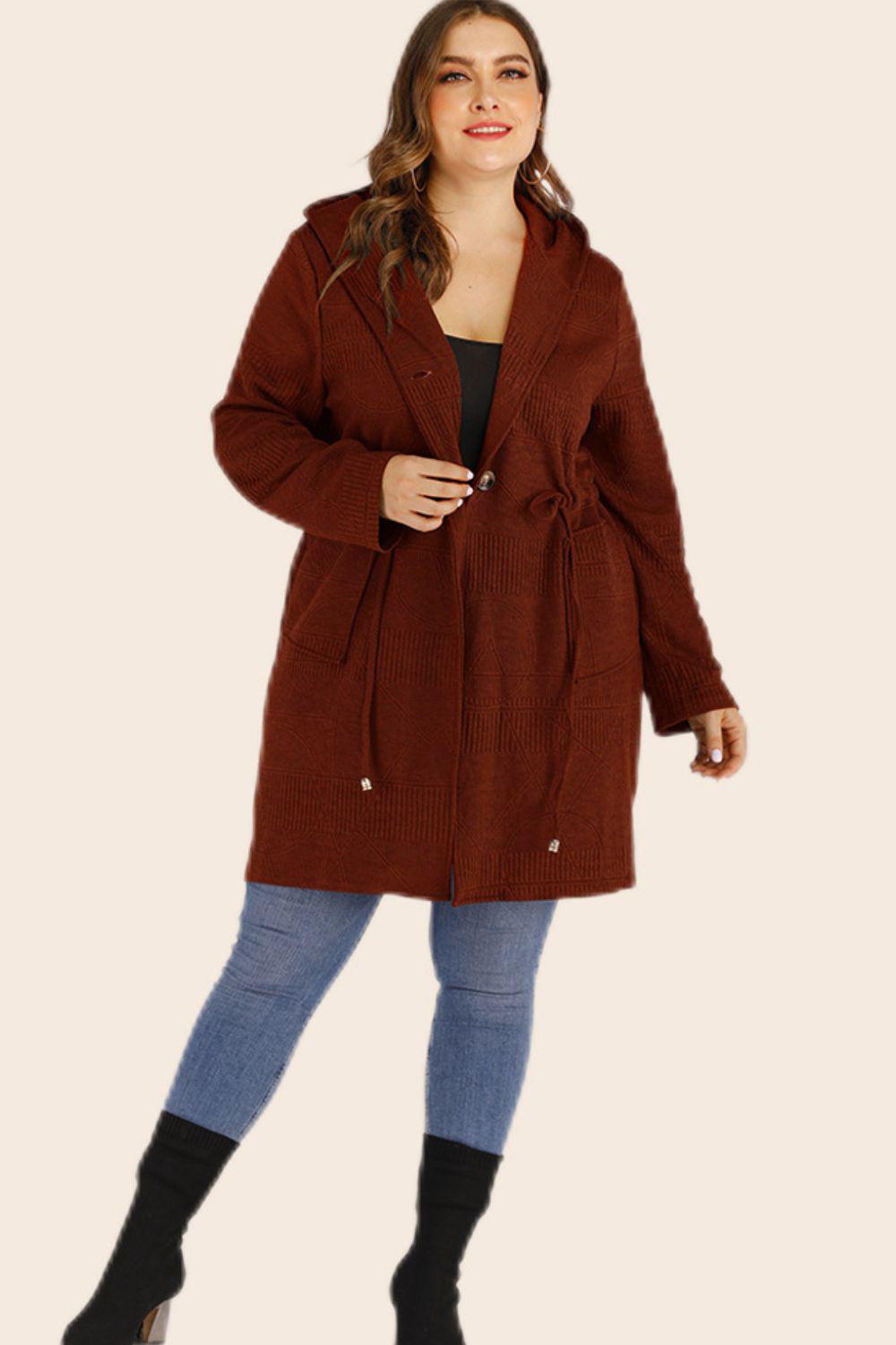 Plus Size Drawstring Waist Hooded Cardigan with Pockets BLUE ZONE PLANET