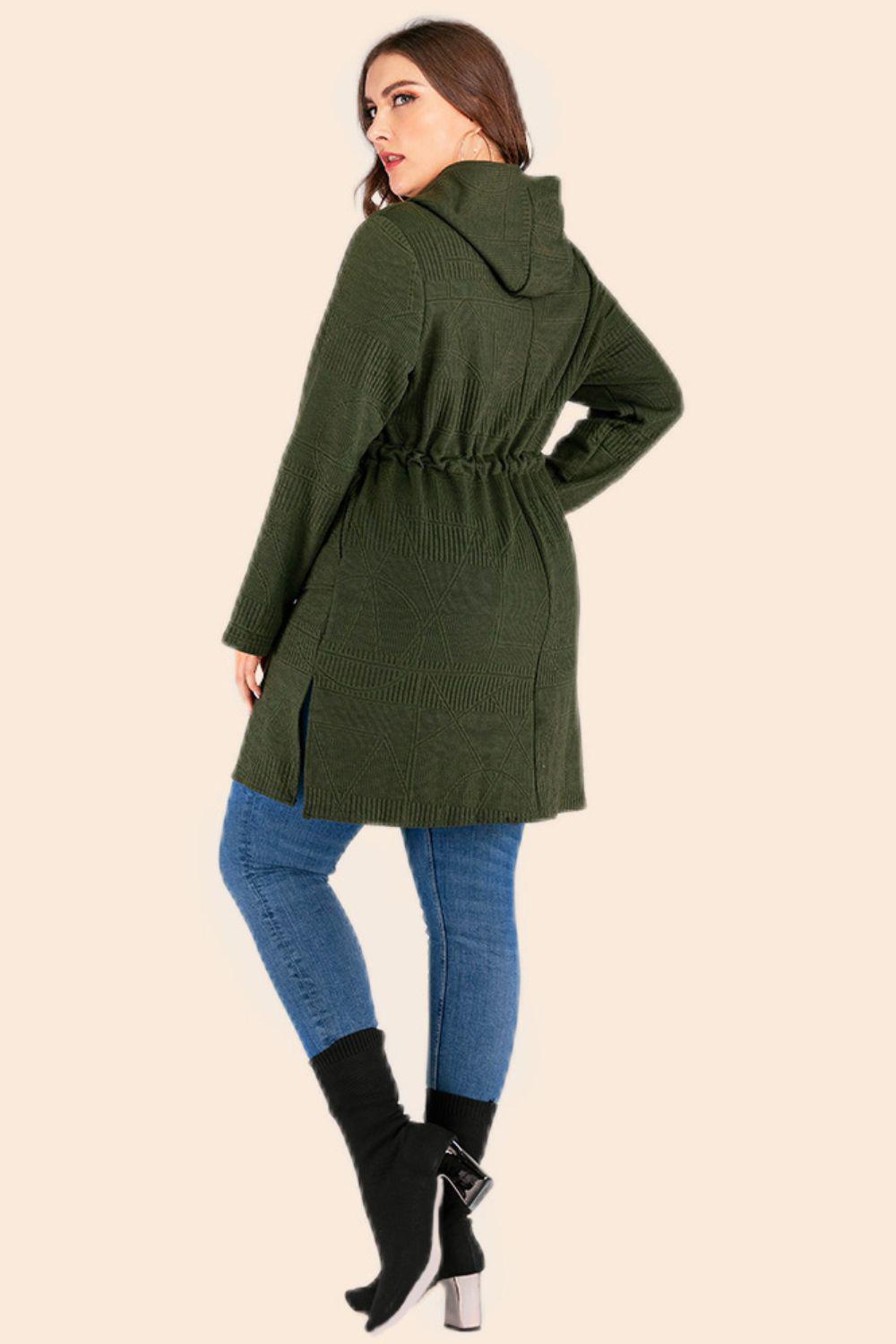 Plus Size Drawstring Waist Hooded Cardigan with Pockets BLUE ZONE PLANET