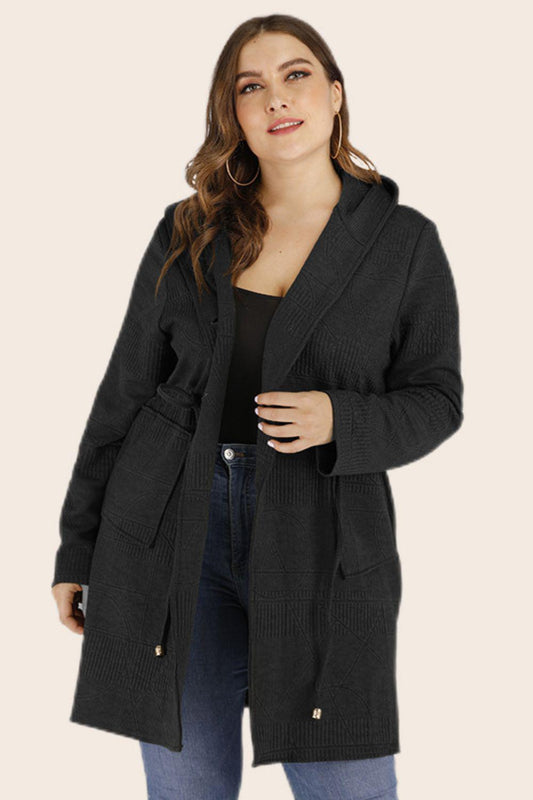 Plus Size Drawstring Waist Hooded Cardigan with Pockets BLUE ZONE PLANET