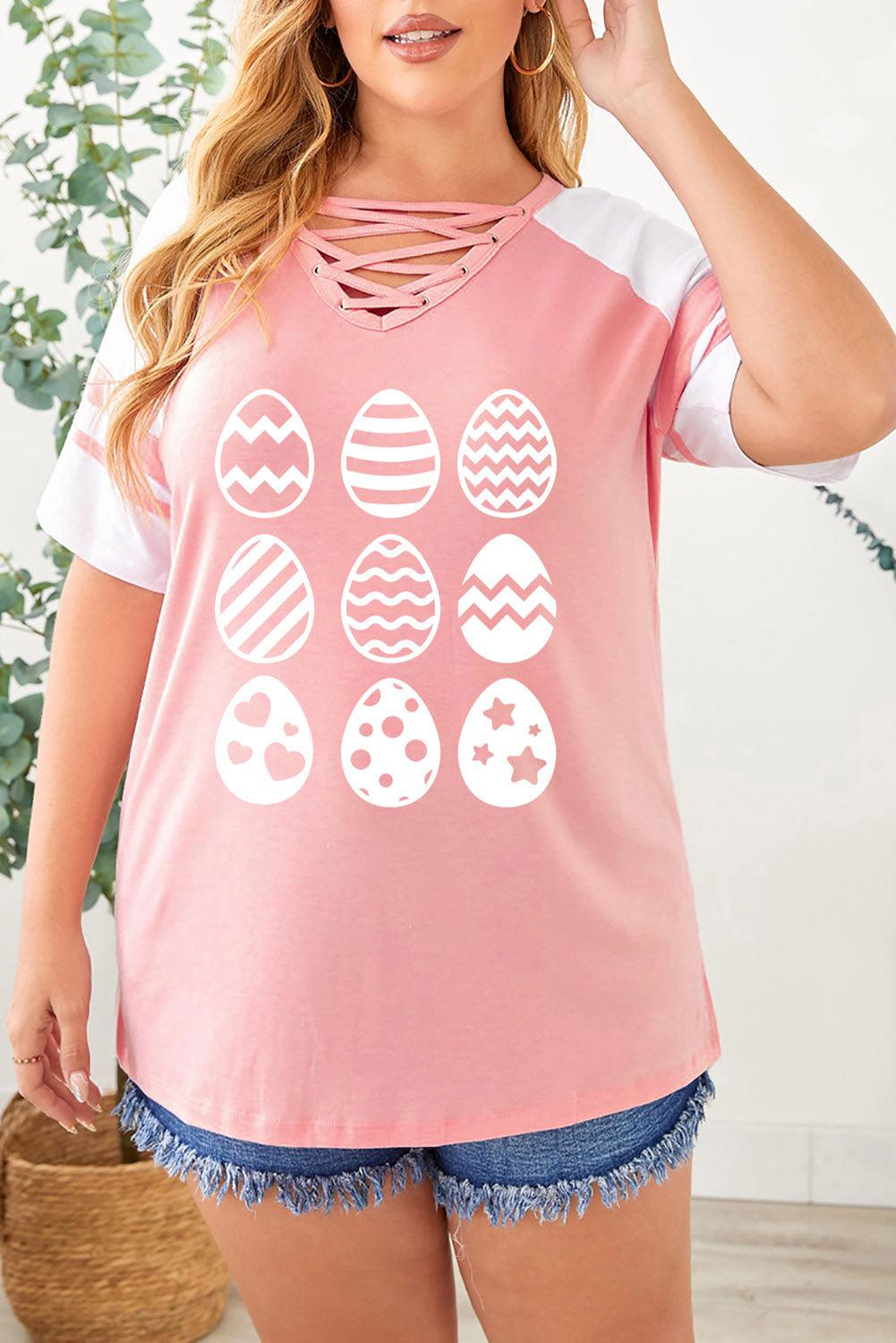 Plus Size Easter Egg Graphic Crisscross Tee Shirt BLUE ZONE PLANET
