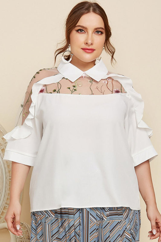 Plus Size Embroidered Ruffle Trim Collared Half Sleeve Blouse BLUE ZONE PLANET