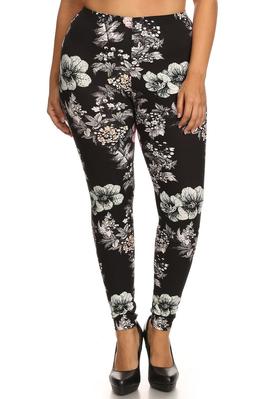 Plus Size Floral Graphic Printed Jersey Knit Legging With Elastic Waistband Detail Blue Zone Planet