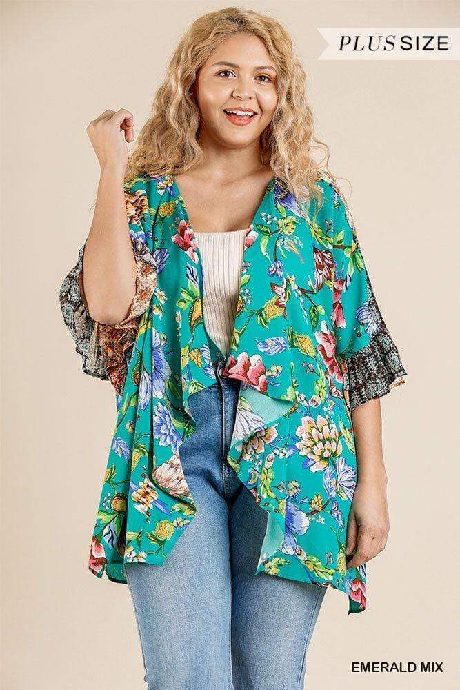 Plus Size Floral Mixed Print Ruffle Bell Sleeve Open Front Kimono With Side Slits-TOPS / DRESSES-[Adult]-[Female]-Blue Zone Planet