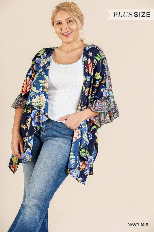 Plus Size Floral Mixed Print Ruffle Bell Sleeve Open Front Kimono With Side Slits-TOPS / DRESSES-[Adult]-[Female]-Blue Zone Planet