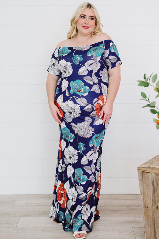 Plus Size Floral Off-Shoulder Short Sleeve Fishtail Dress BLUE ZONE PLANET