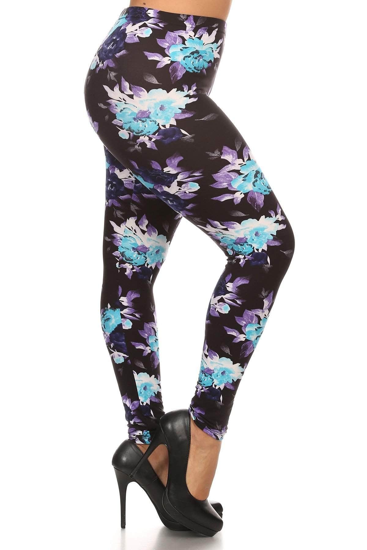 Plus Size Floral Print, Full Length Leggings In A Slim Fitting Style With A Banded High Waist-LEGGINGS-[Adult]-[Female]-Multi-Multi-Blue Zone Planet