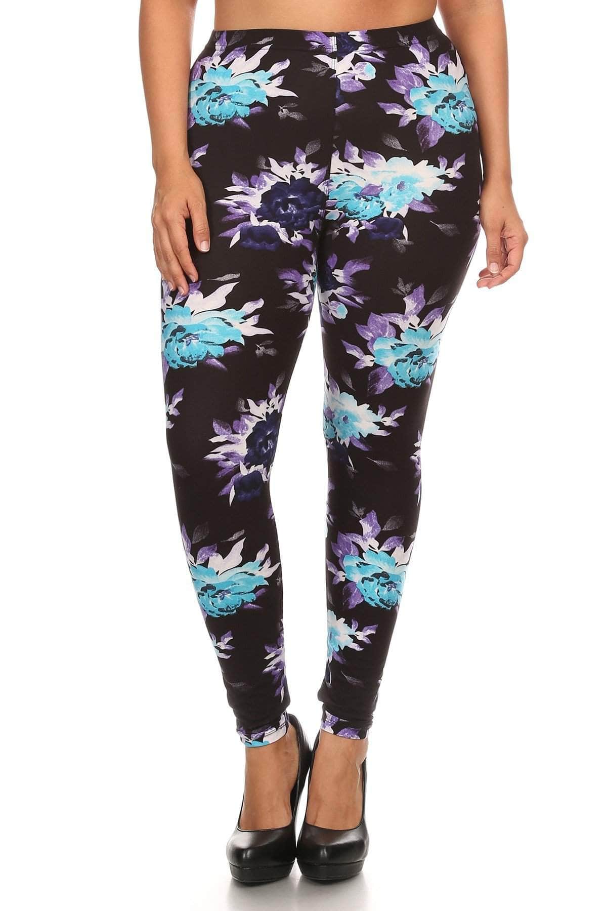 Plus Size Floral Print, Full Length Leggings In A Slim Fitting Style With A Banded High Waist-LEGGINGS-[Adult]-[Female]-Multi-Multi-Blue Zone Planet
