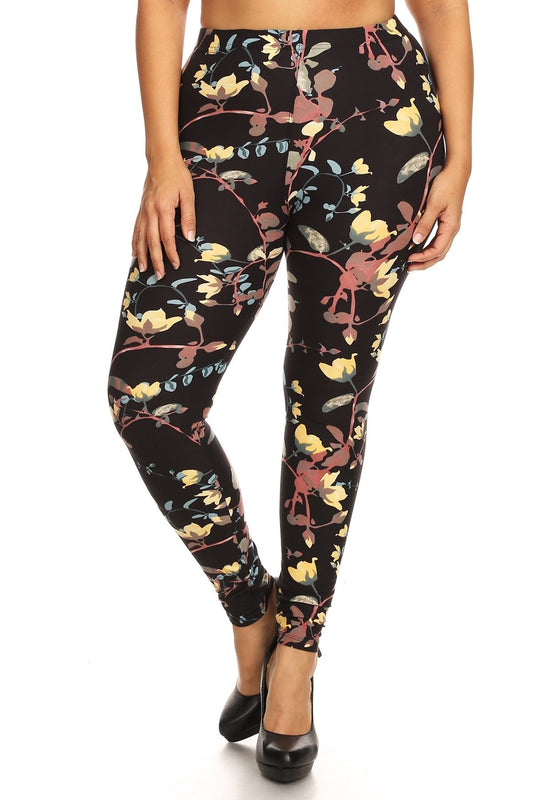 Plus Size Floral Print, Full Length Leggings In A Slim Fitting Style With A Banded High Waist Blue Zone Planet