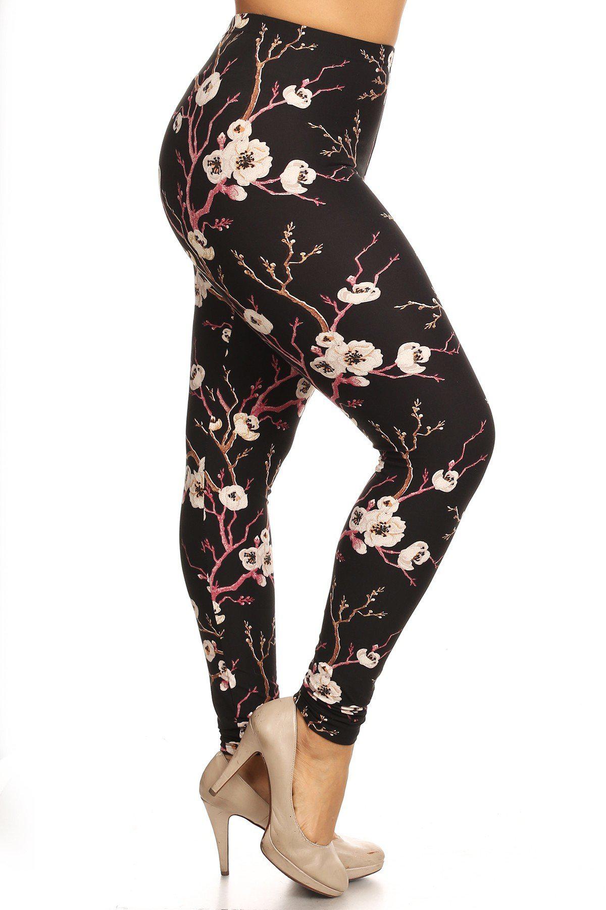 Plus Size Floral Print, Full Length Leggings In A Slim Fitting Style With A Banded High Waist-[Adult]-[Female]-Multi-Blue Zone Planet