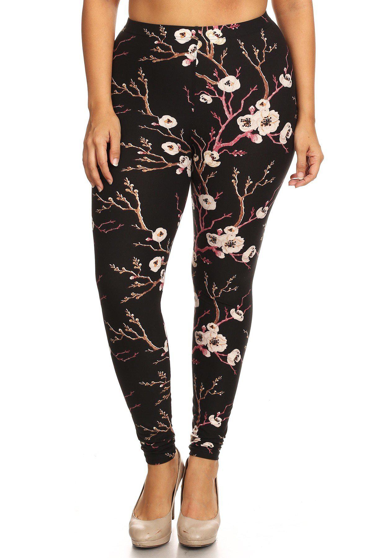 Plus Size Floral Print, Full Length Leggings In A Slim Fitting Style With A Banded High Waist-[Adult]-[Female]-Multi-Blue Zone Planet