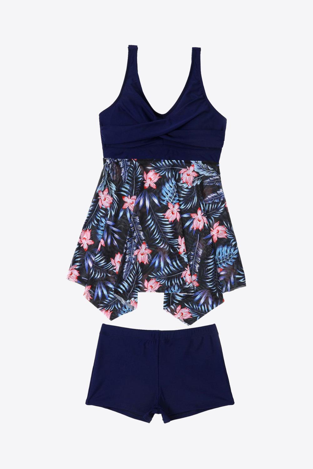 Plus Size Floral Two-Tone Asymmetrical Hem Two-Piece Swimsuit BLUE ZONE PLANET