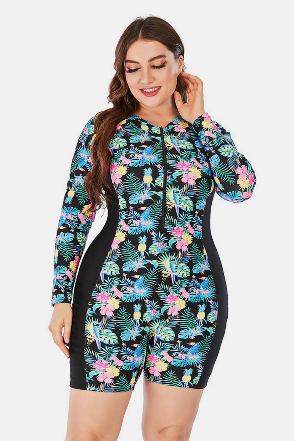 Plus Size Floral Zip Up  Long Sleeve One-Piece Swimsuit BLUE ZONE PLANET