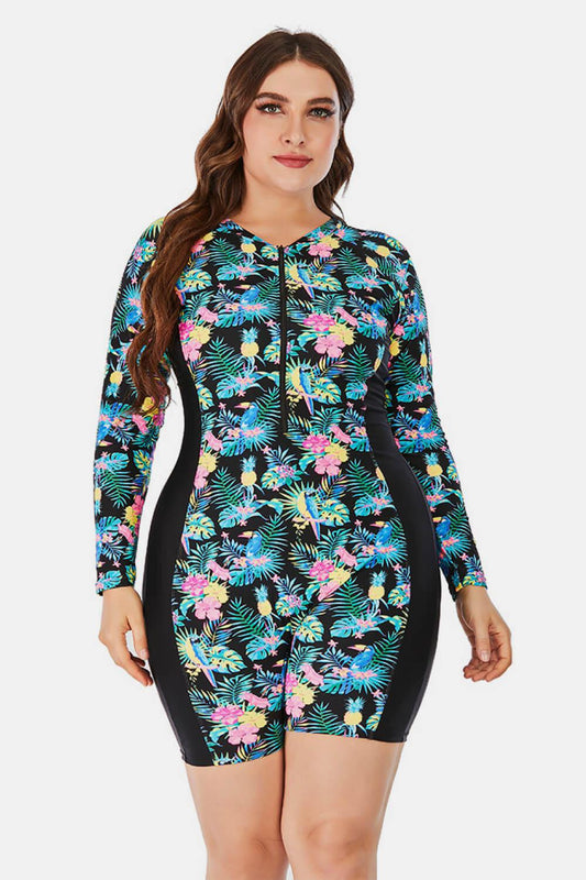 Plus Size Floral Zip Up  Long Sleeve One-Piece Swimsuit BLUE ZONE PLANET