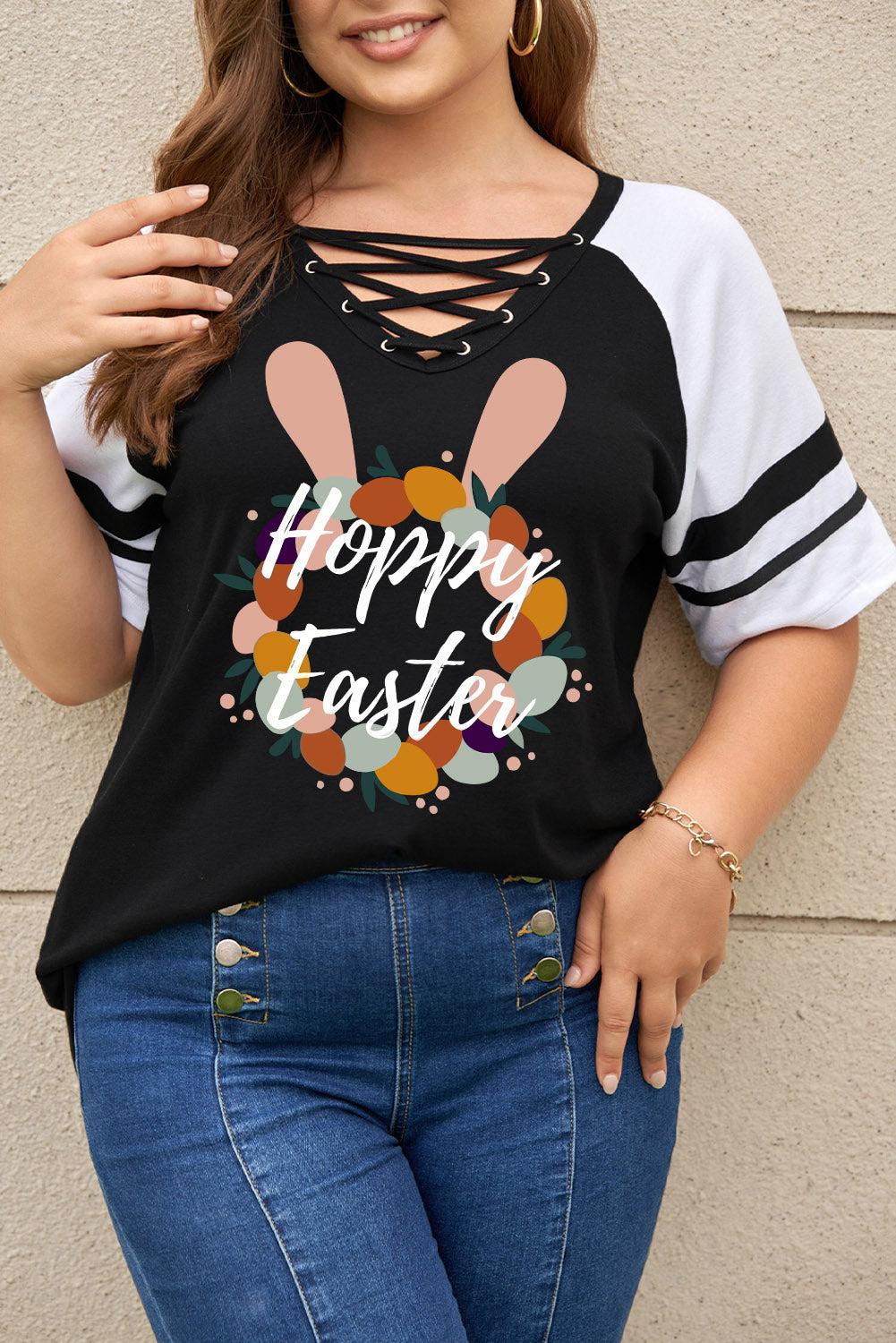 Plus Size HAPPY EASTER Graphic Crisscross V-Neck Tee BLUE ZONE PLANET