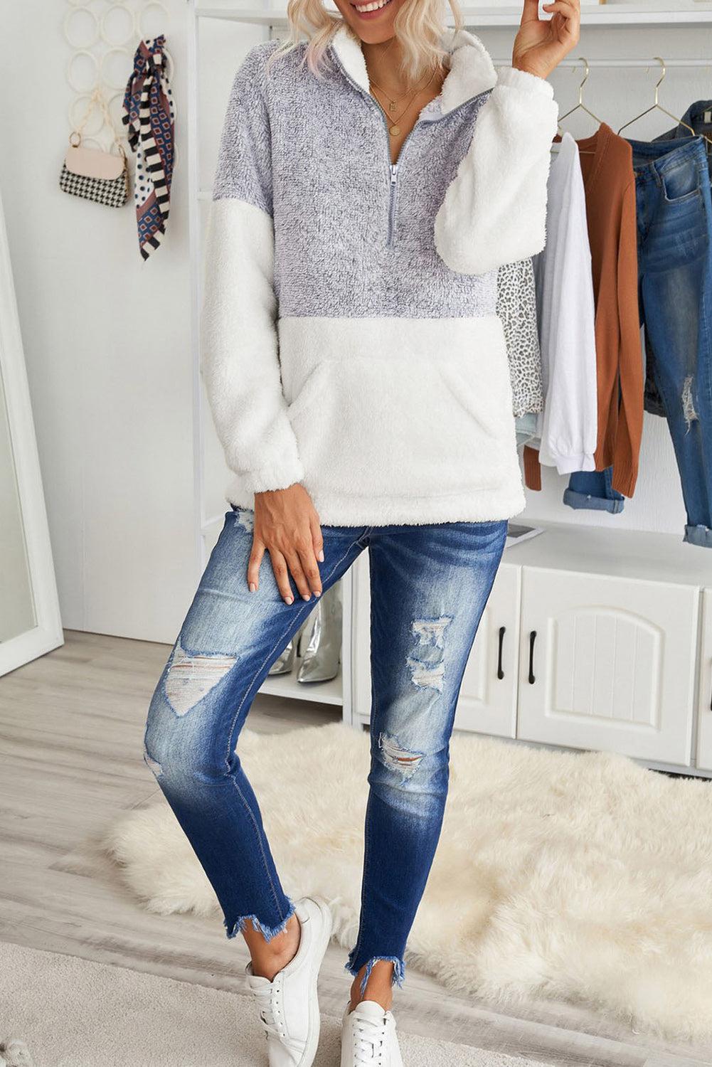Plus Size Half Zipper Fleece Sweatshirt with Pocket-TOPS / DRESSES-[Adult]-[Female]-Blue Zone Planet
