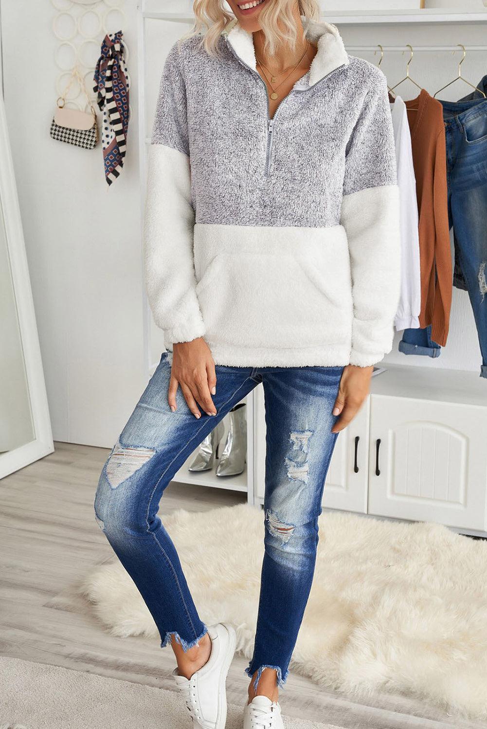 Plus Size Half Zipper Fleece Sweatshirt with Pocket-TOPS / DRESSES-[Adult]-[Female]-Gray-1X-Blue Zone Planet