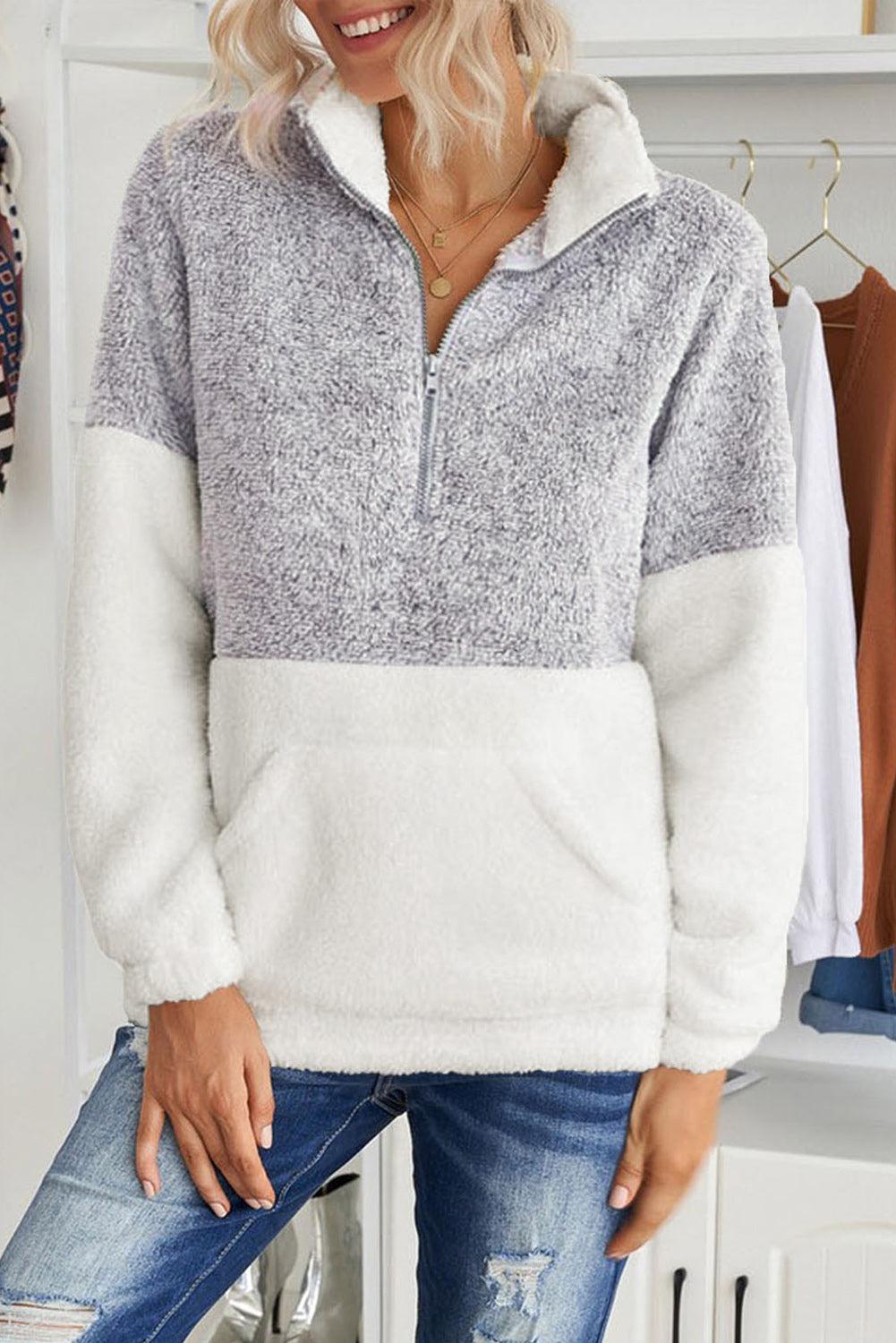 Plus Size Half Zipper Fleece Sweatshirt with Pocket-TOPS / DRESSES-[Adult]-[Female]-Blue Zone Planet