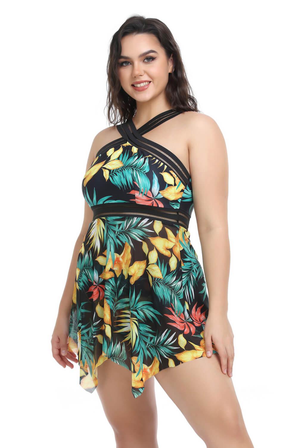 Plus Size Handkerchief-Hem Swim Dress and Bottoms Set BLUE ZONE PLANET