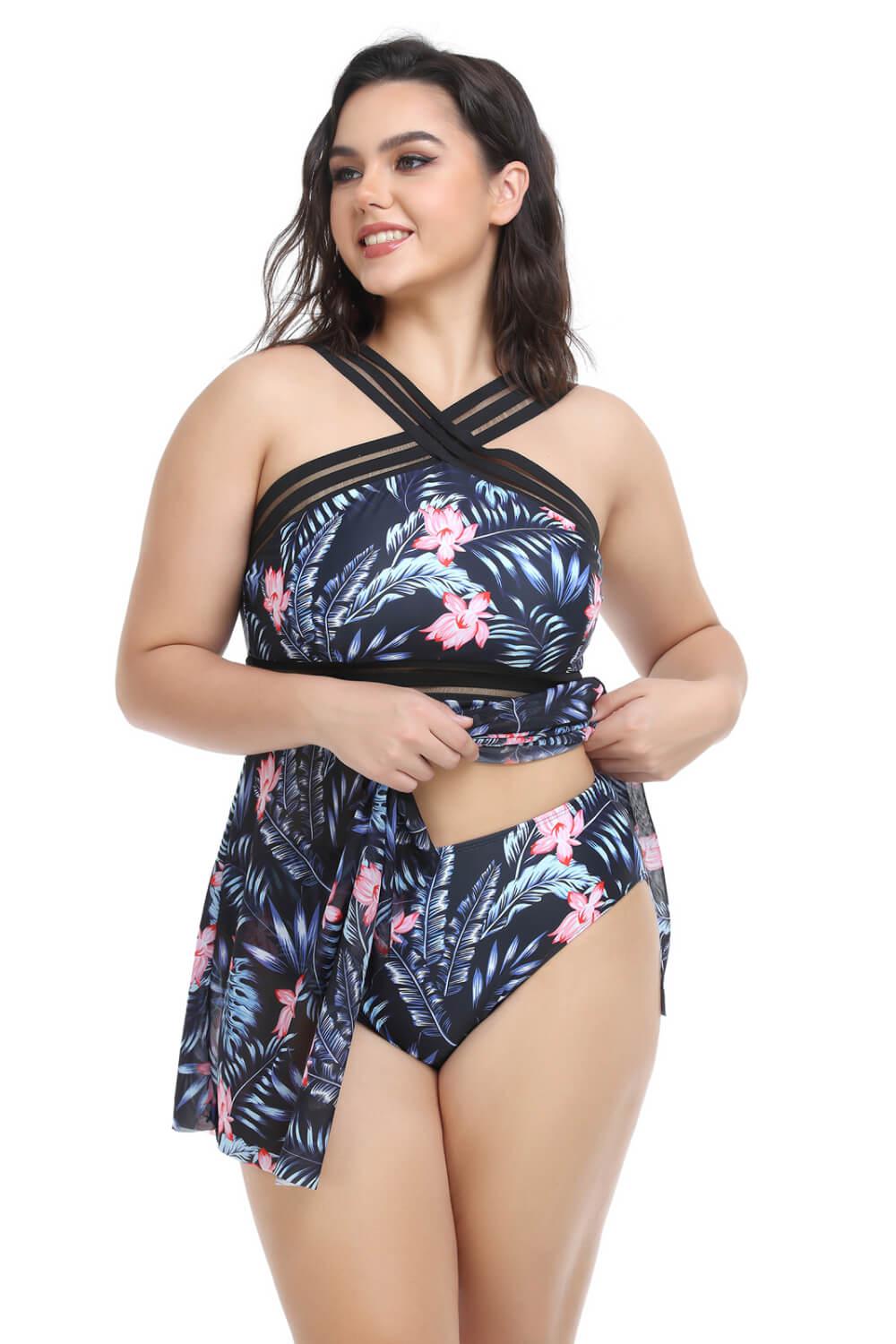 Plus Size Handkerchief-Hem Swim Dress and Bottoms Set BLUE ZONE PLANET