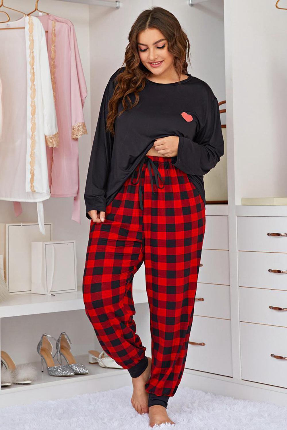 Plus Size Heart Graphic Top and Plaid Joggers Lounge Set BLUE ZONE PLANET