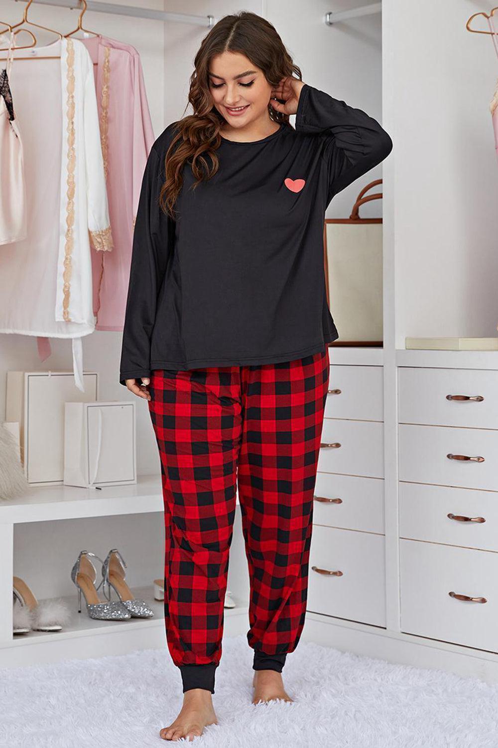 Plus Size Heart Graphic Top and Plaid Joggers Lounge Set BLUE ZONE PLANET