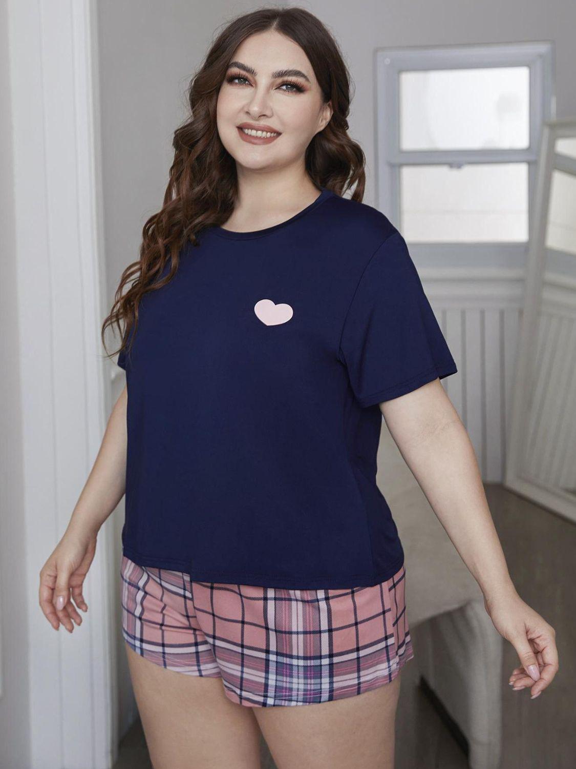 Plus Size Heart Graphic Top and Plaid Shorts Loungewear Set BLUE ZONE PLANET