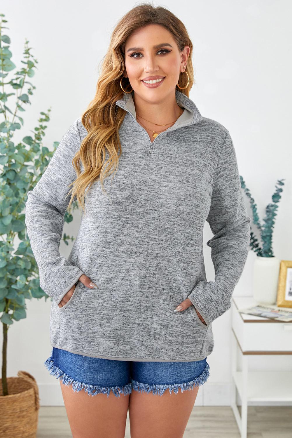 Plus Size Heathered Quarter Zip Pullover-TOPS / DRESSES-[Adult]-[Female]-Blue Zone Planet