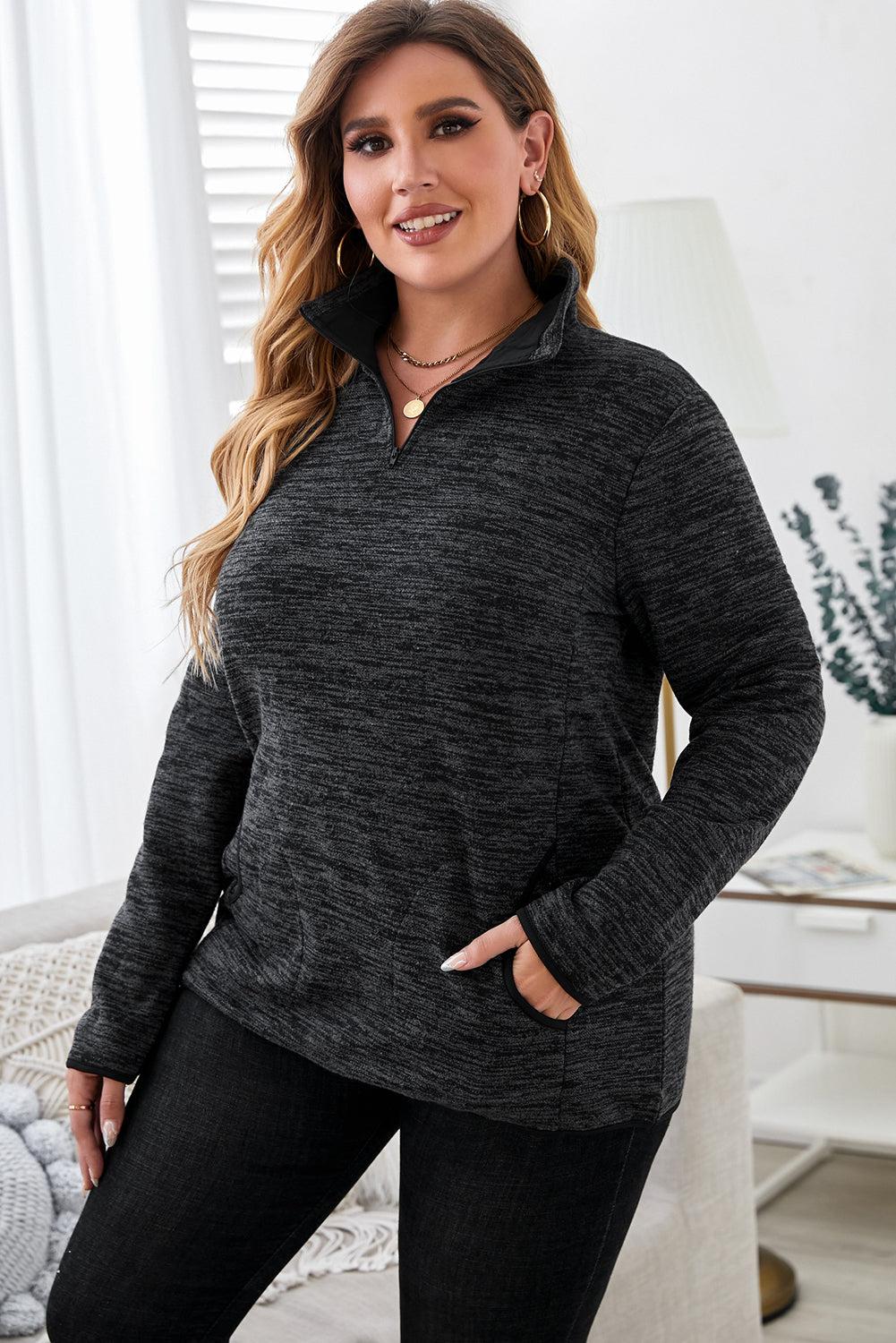 Plus Size Heathered Quarter Zip Pullover-TOPS / DRESSES-[Adult]-[Female]-Black-1X-Blue Zone Planet