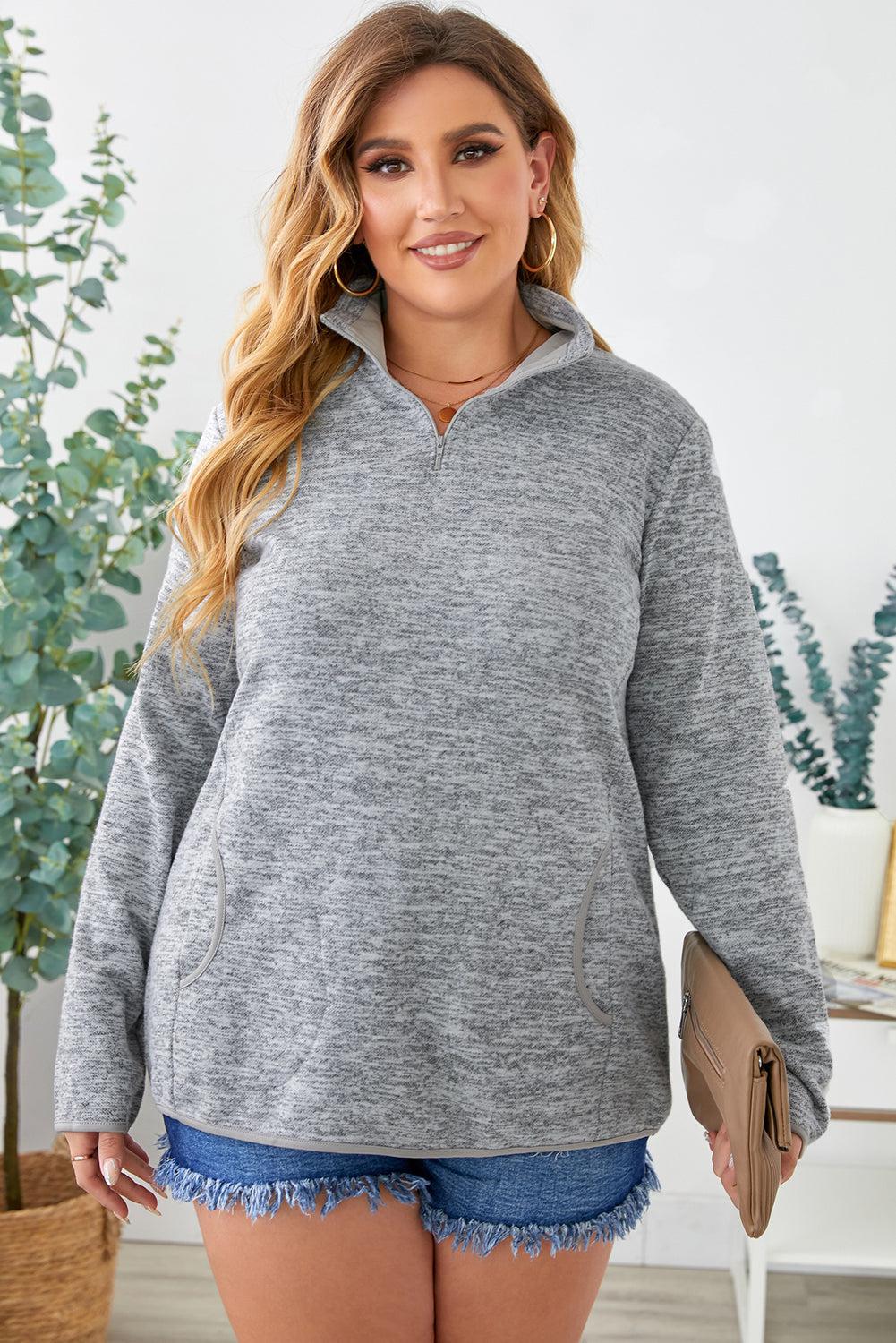 Plus Size Heathered Quarter Zip Pullover-TOPS / DRESSES-[Adult]-[Female]-Gray-1X-Blue Zone Planet